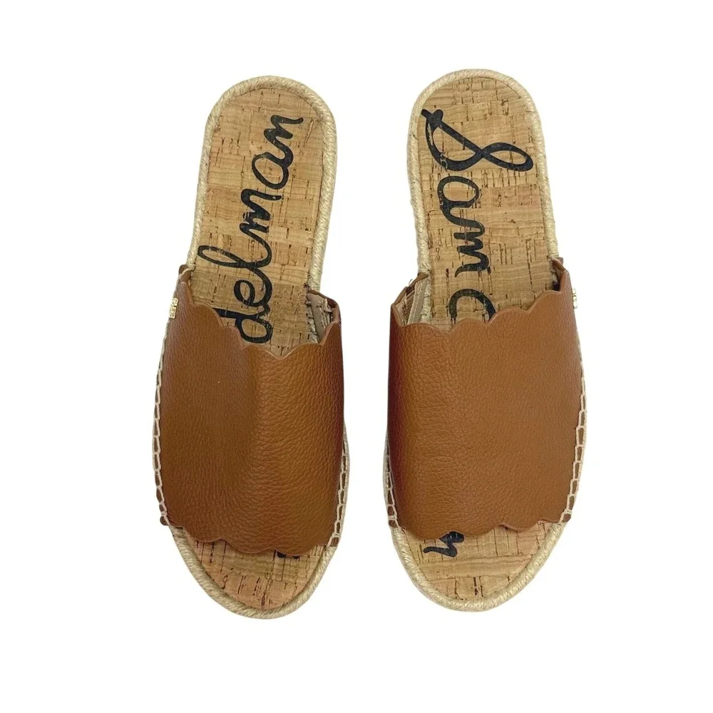 Sam Edelman Andy Brown Leather‎ Espadrille Slide Sandals 8M Scalloped Flat Shoes
